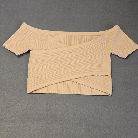 Aerie Ribbed Off-Shoulder Crop Light Beige Knit Top L - Picture 2 of 8